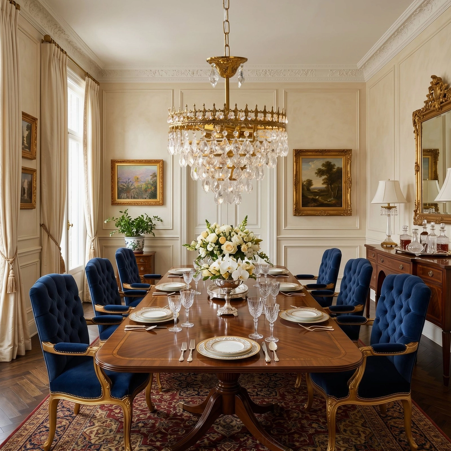 Marilyn Crystal Chandelier suspended over formal dining table with wooden furniture, gilded frame and layered clear crystal in dining room interior
