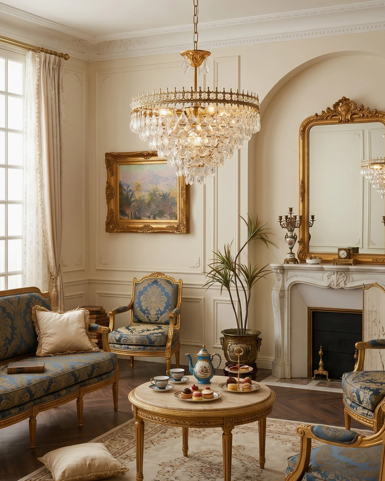 Marilyn Crystal Chandelier in neoclassical French formal living room with fireplace and gilded decor, wide-angle room view