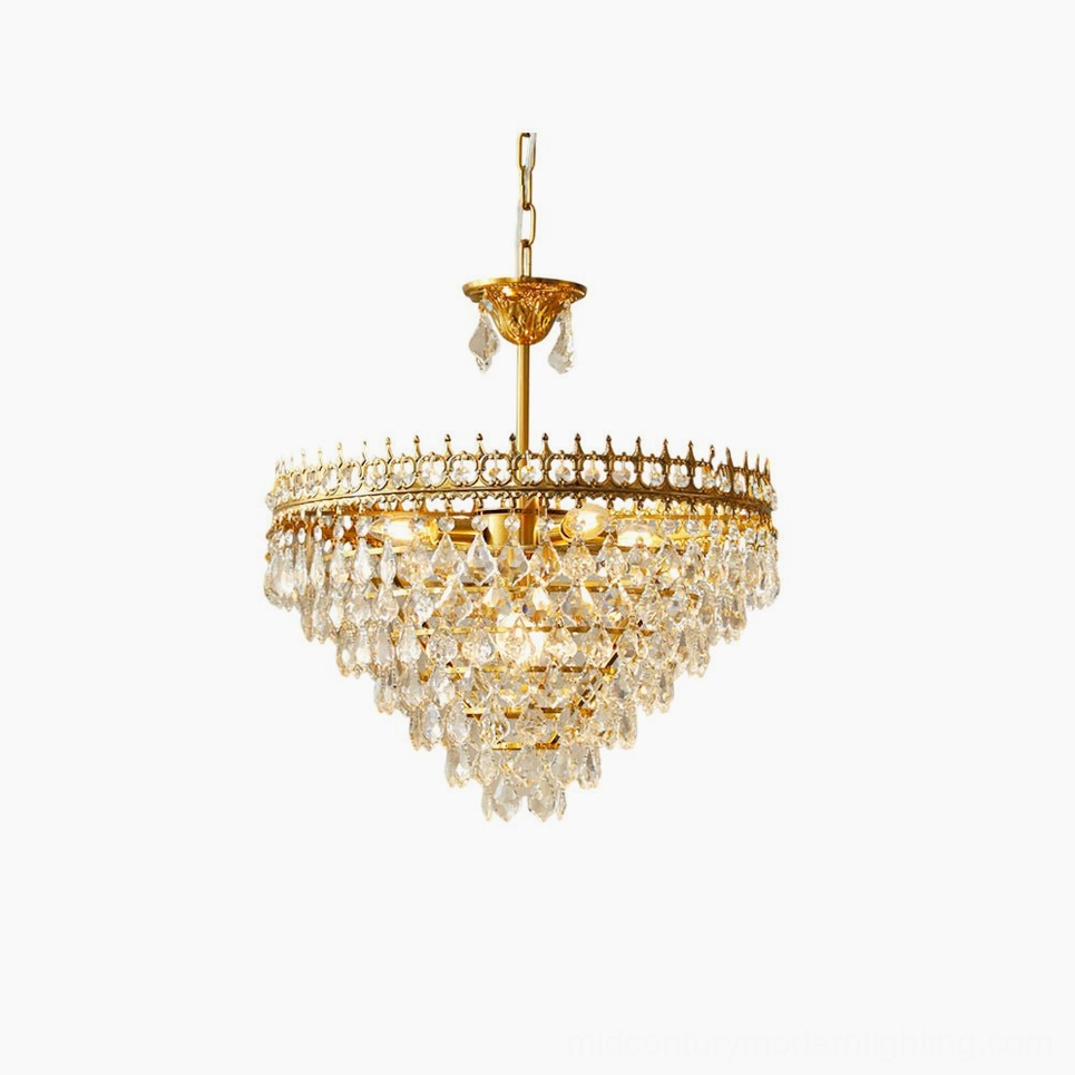 Marilyn Crystal Chandelier front overhead view, tiered clear crystal facets with brushed gold metal frame on white studio background
