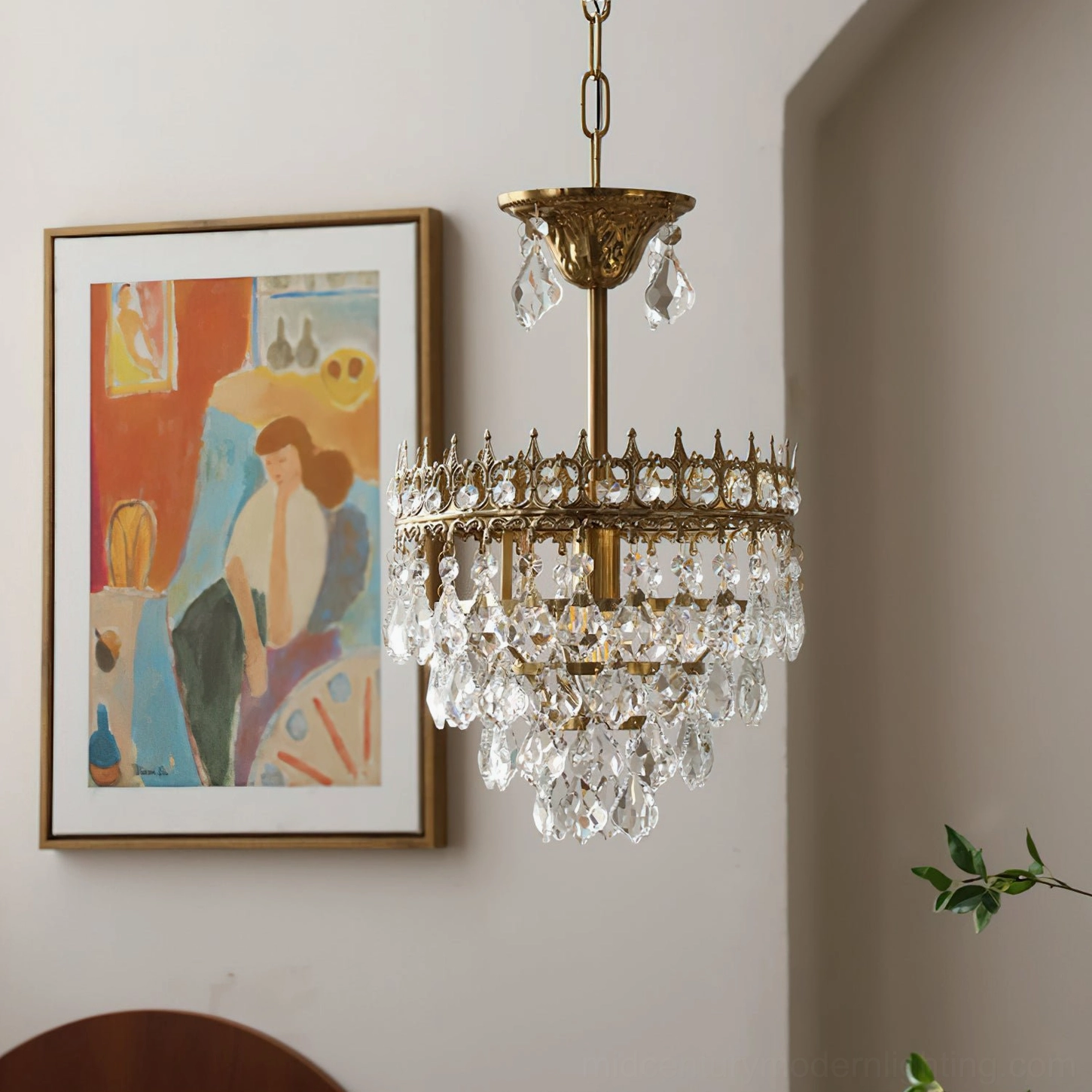 Marilyn Crystal Chandelier hanging from ceiling, full fixture display showing proportions and crystal arrangement with gold frame