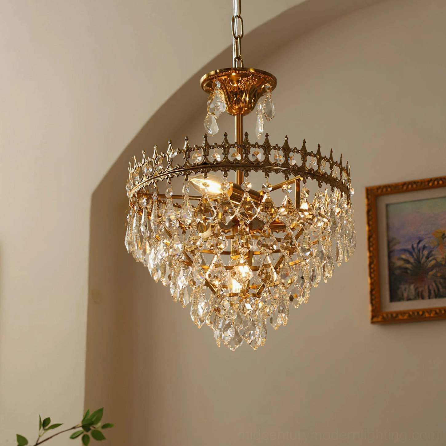 Marilyn Crystal Chandelier grand size statement piece in high-ceiling foyer, large diameter brushed gold and crystal chandelier