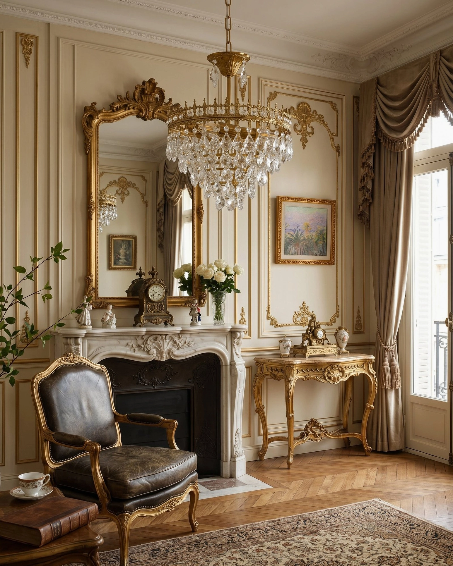 Marilyn Crystal Chandelier in luxury sitting room with stone fireplace and gilded mirror, gold hardware with sparkling crystal accents