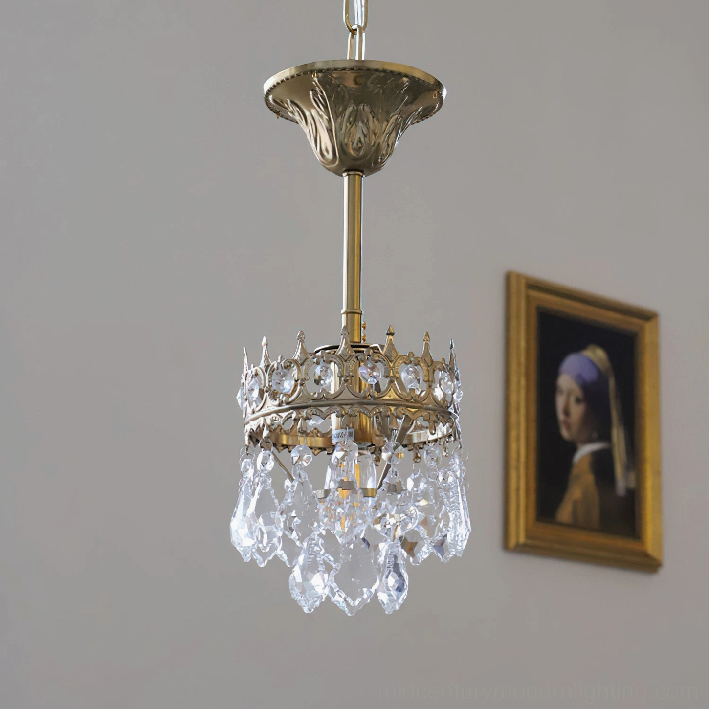 Marilyn Crystal Chandelier mini pendant light neoclassical scaled-down luxury design, front close-up on grey wall with framed portrait