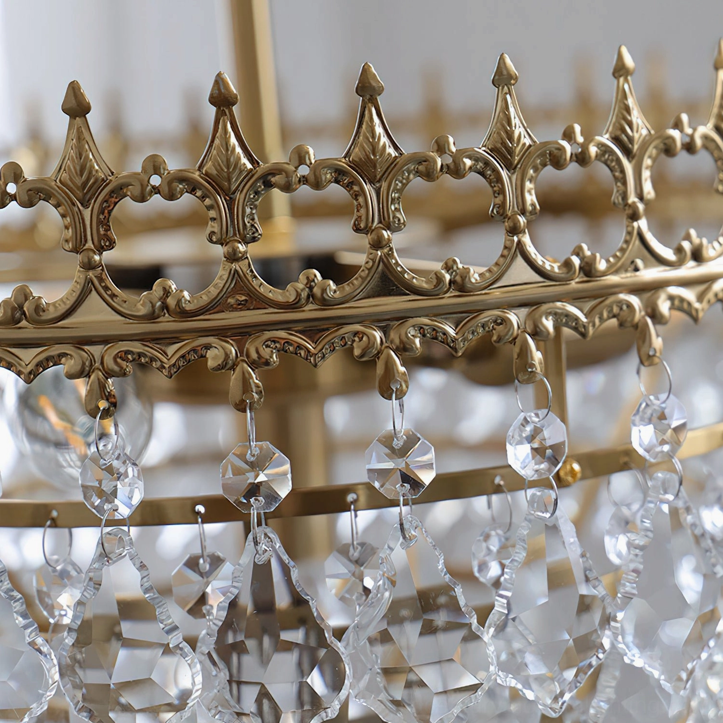 Marilyn Crystal Chandelier standard size mid-scale fixture, gold metal frame with crystal elements suitable for dining nook or bedroom