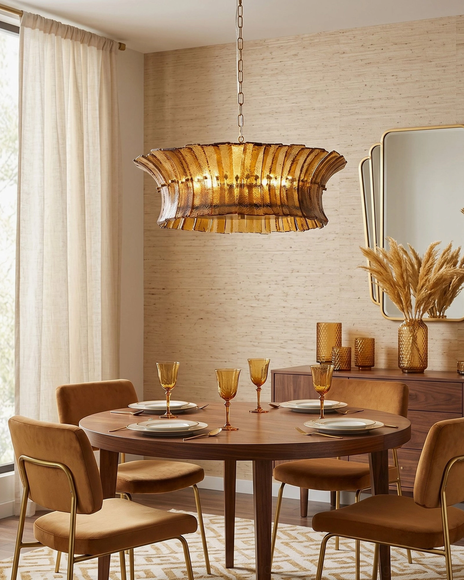 Marin Amber Brown Glass Chandelier in warm-toned dining space with fluted amber shade and tan upholstered chairs