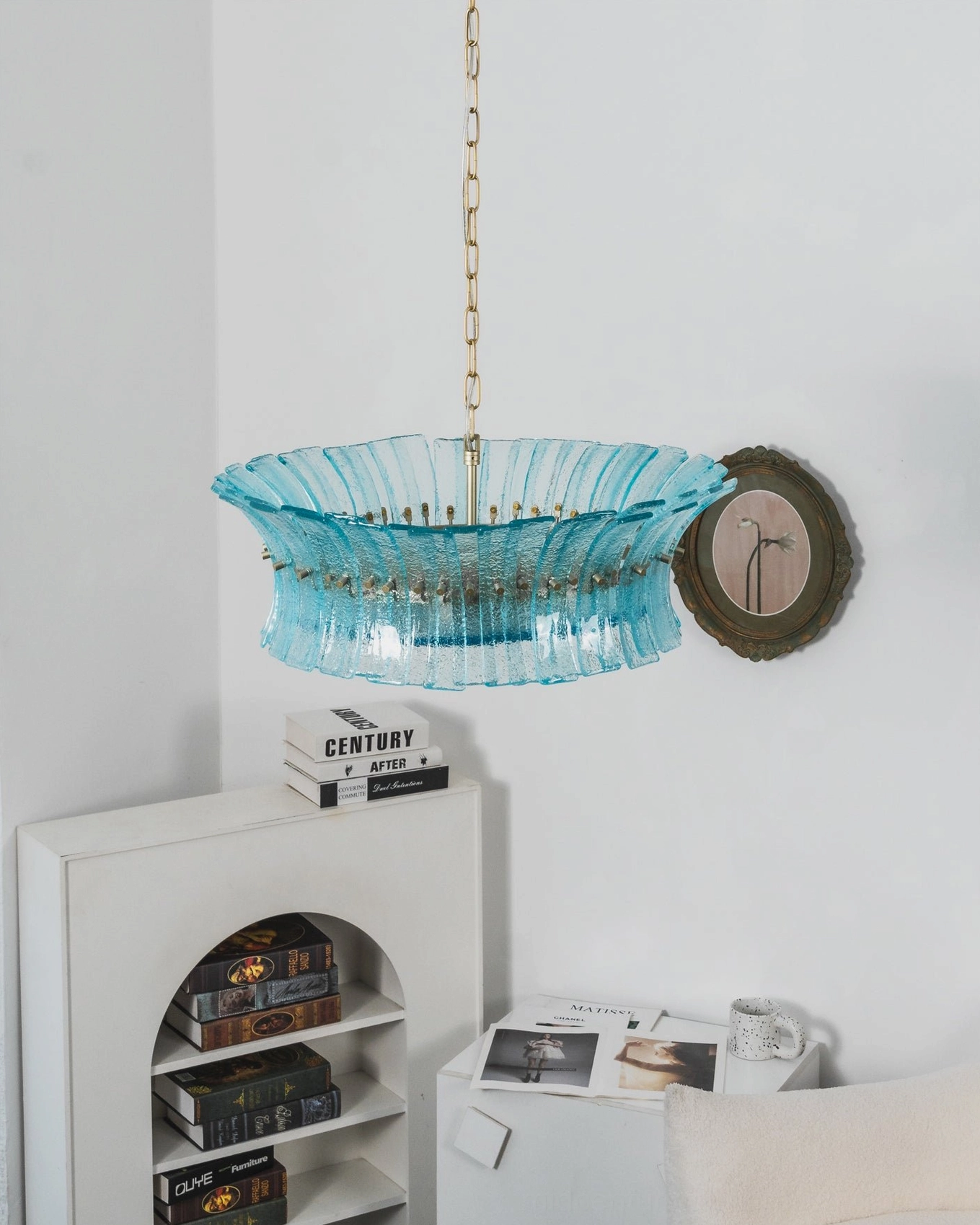 Marin Aquamarine Glass Chandelier - mid-century modern lighting fixture with six-bulb socket configuration