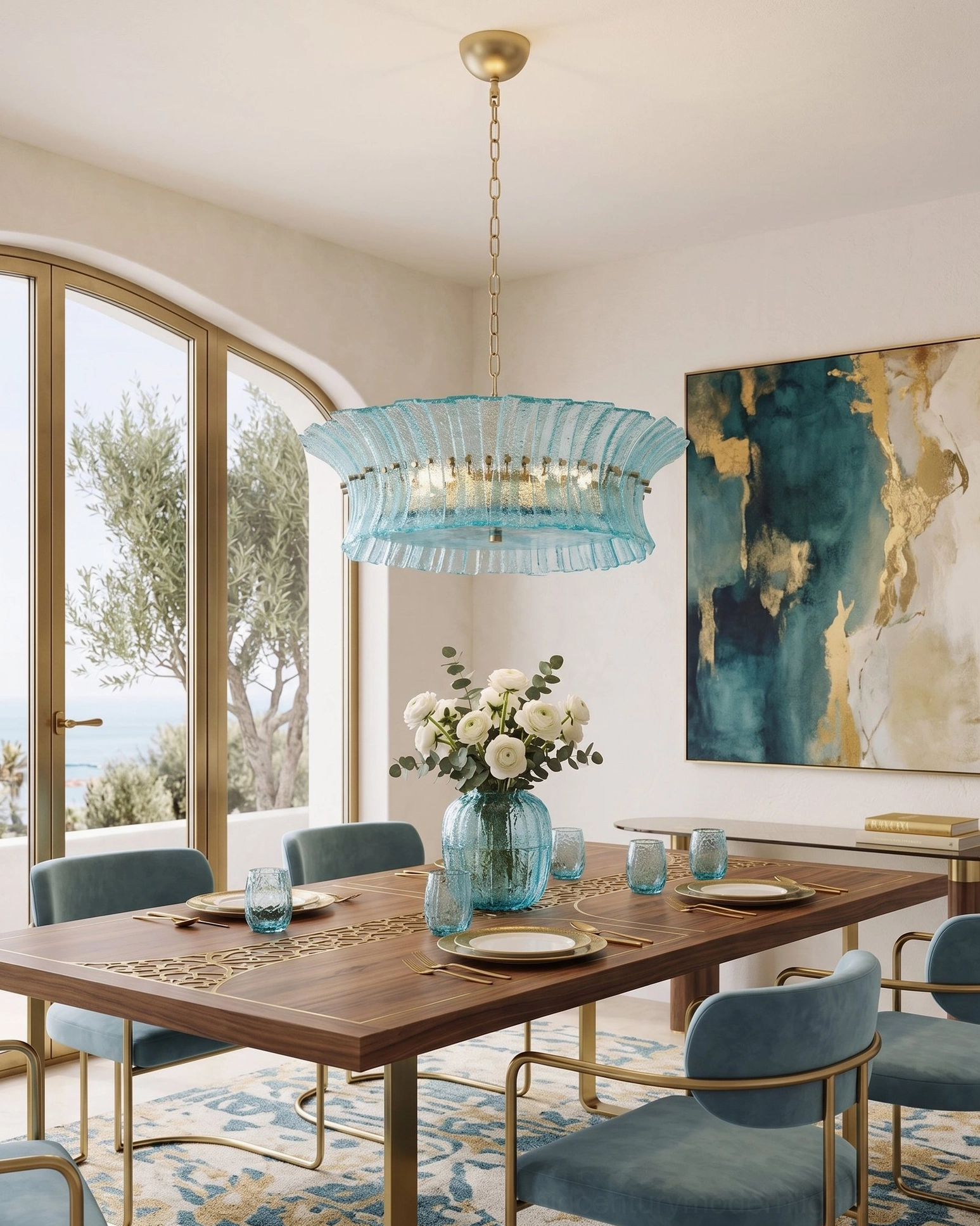 Marin Sky-Blue Glass Chandelier in casual bright dining space with blue upholstered dining chairs
