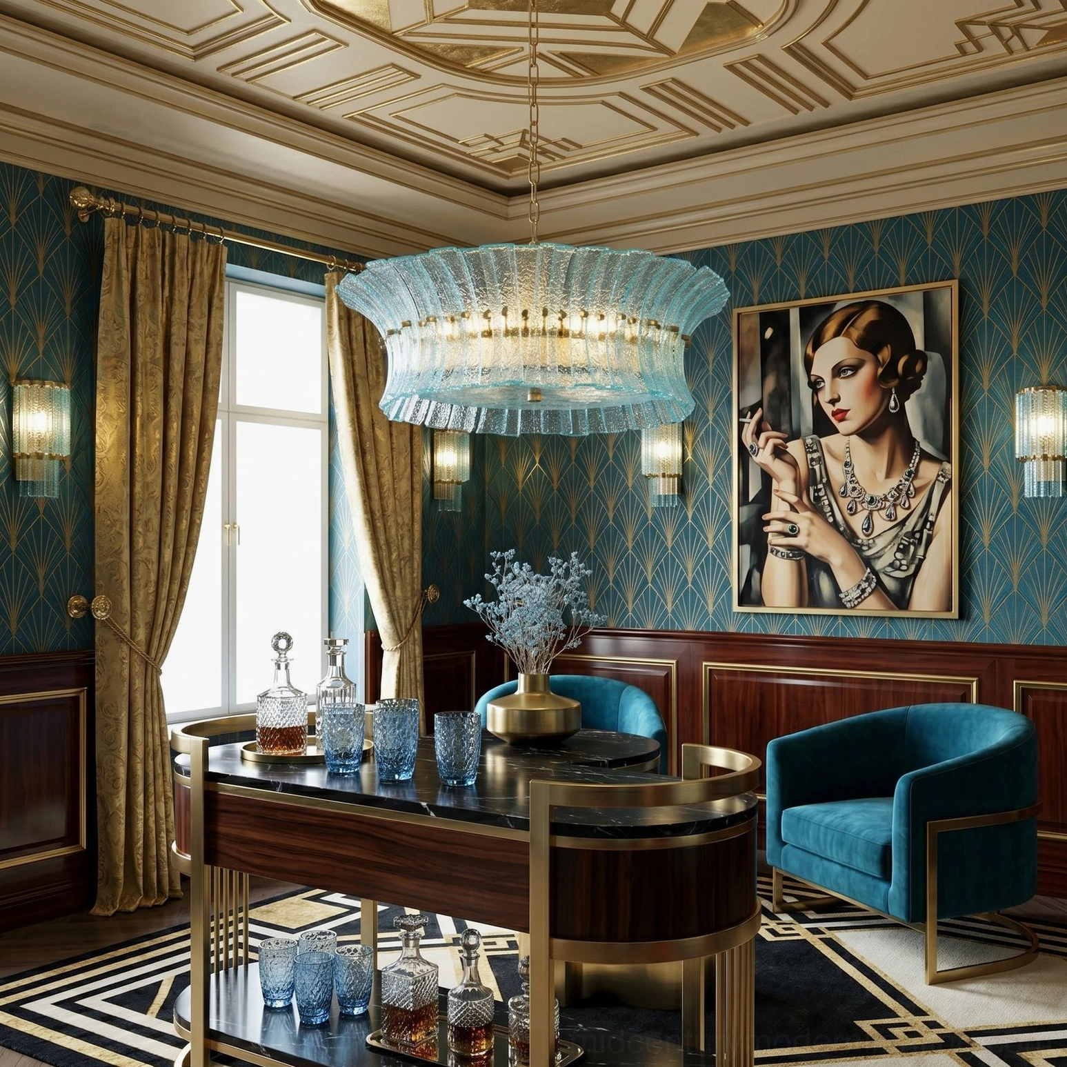 Marin Blue Glass Chandelier illuminated in luxury vintage dining room with teal glass shade and dark wood furniture