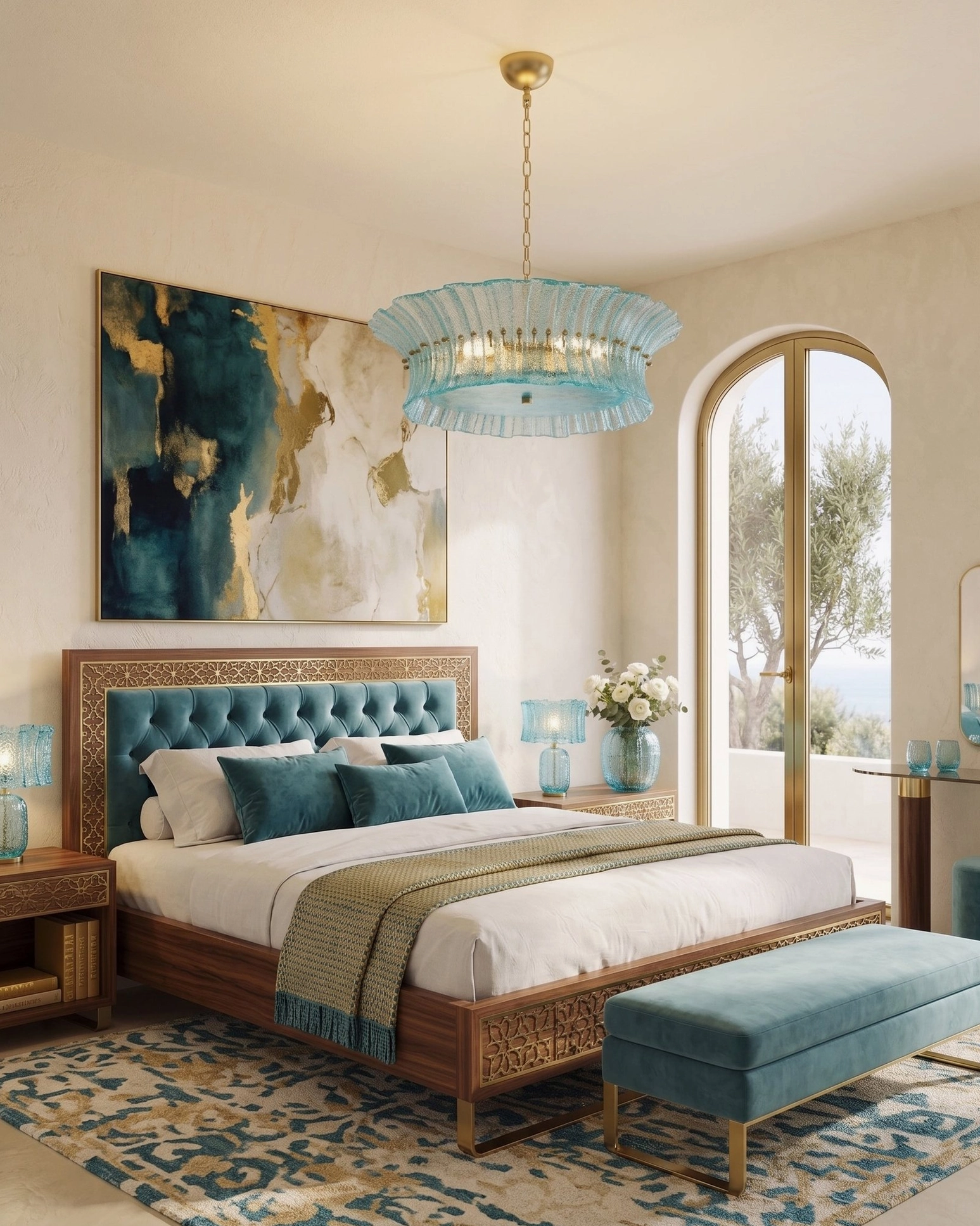 Marin Blue Glass Chandelier in coastal style master bedroom with matching bedroom bench and sky-blue glass