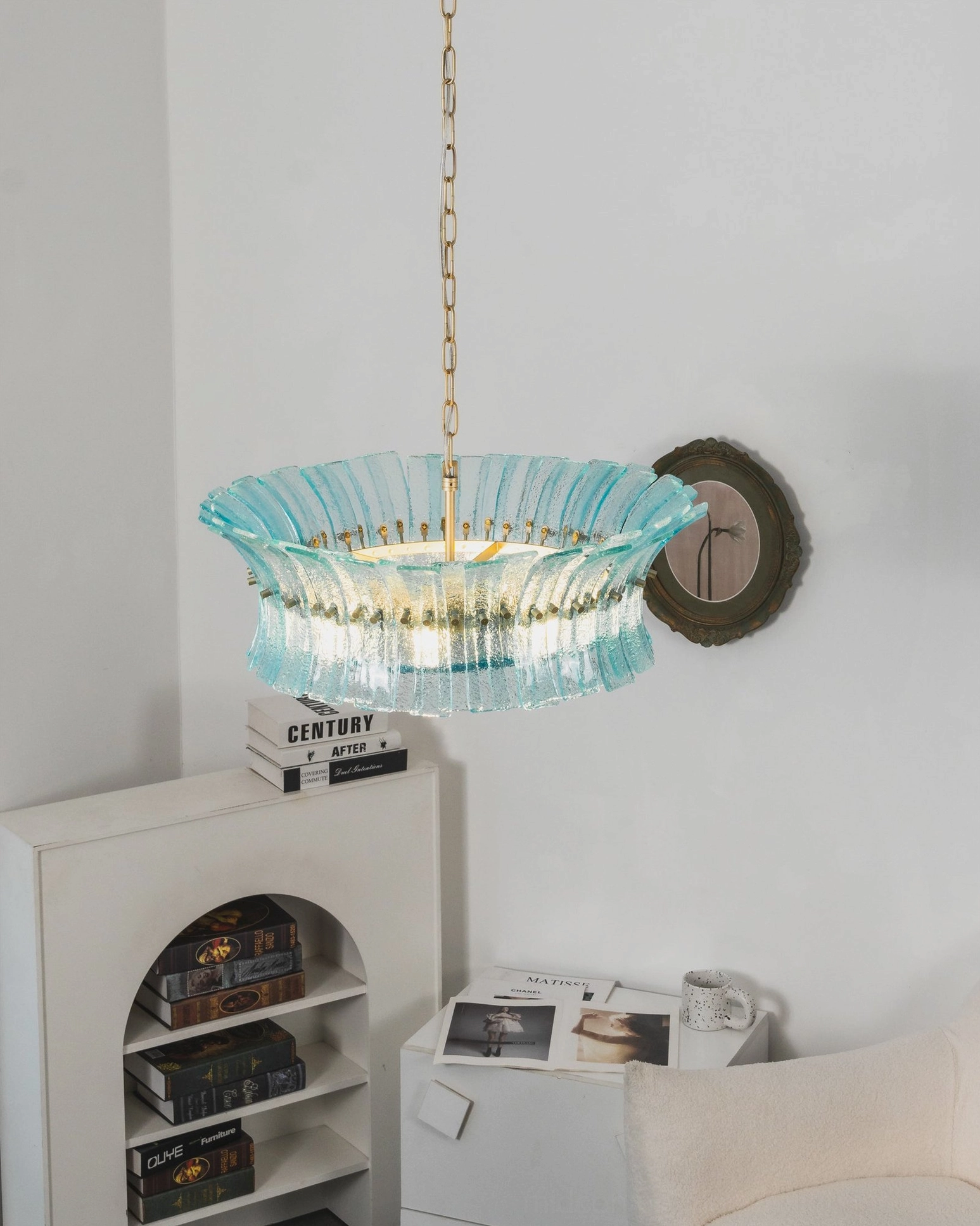 Marin Glass Chandelier showing circular iron chassis and vertical glass plank orientation