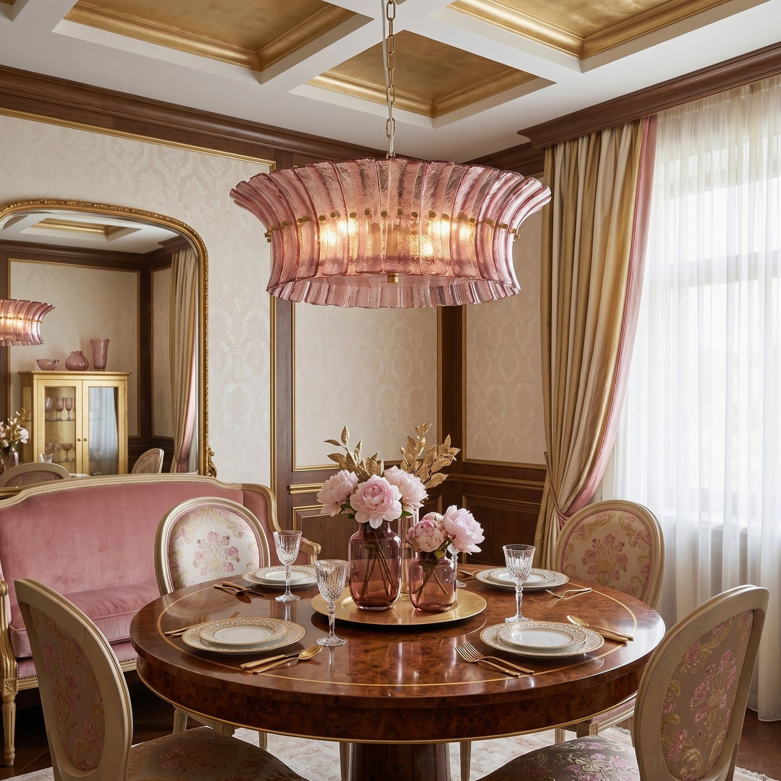 Marin Blush Pink Glass Art Deco Chandelier in elegant formal dining area with round wood table