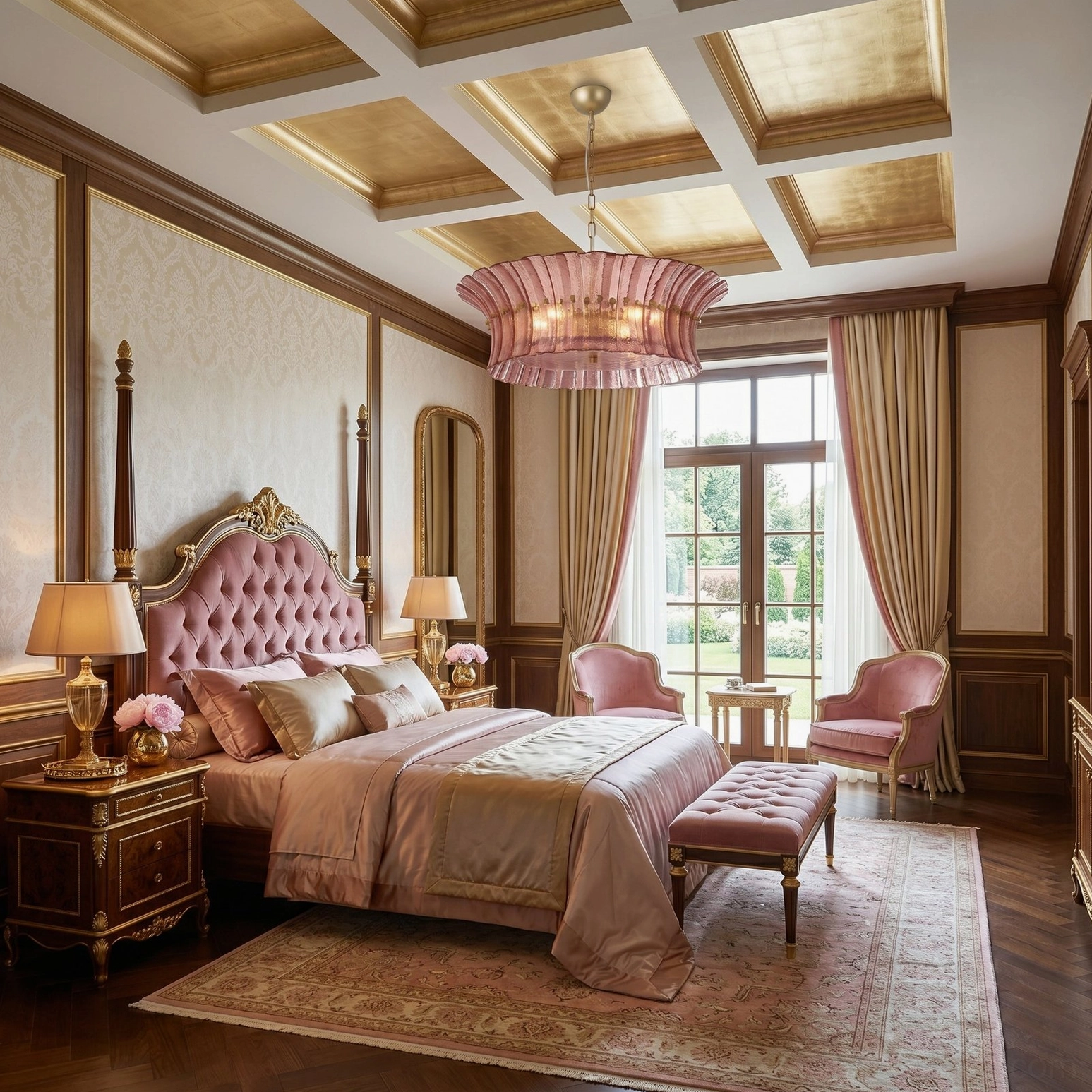 Marin Pink Fluted Glass Chandelier in luxury master bedroom with dusty pink shade and gilded coffered ceiling