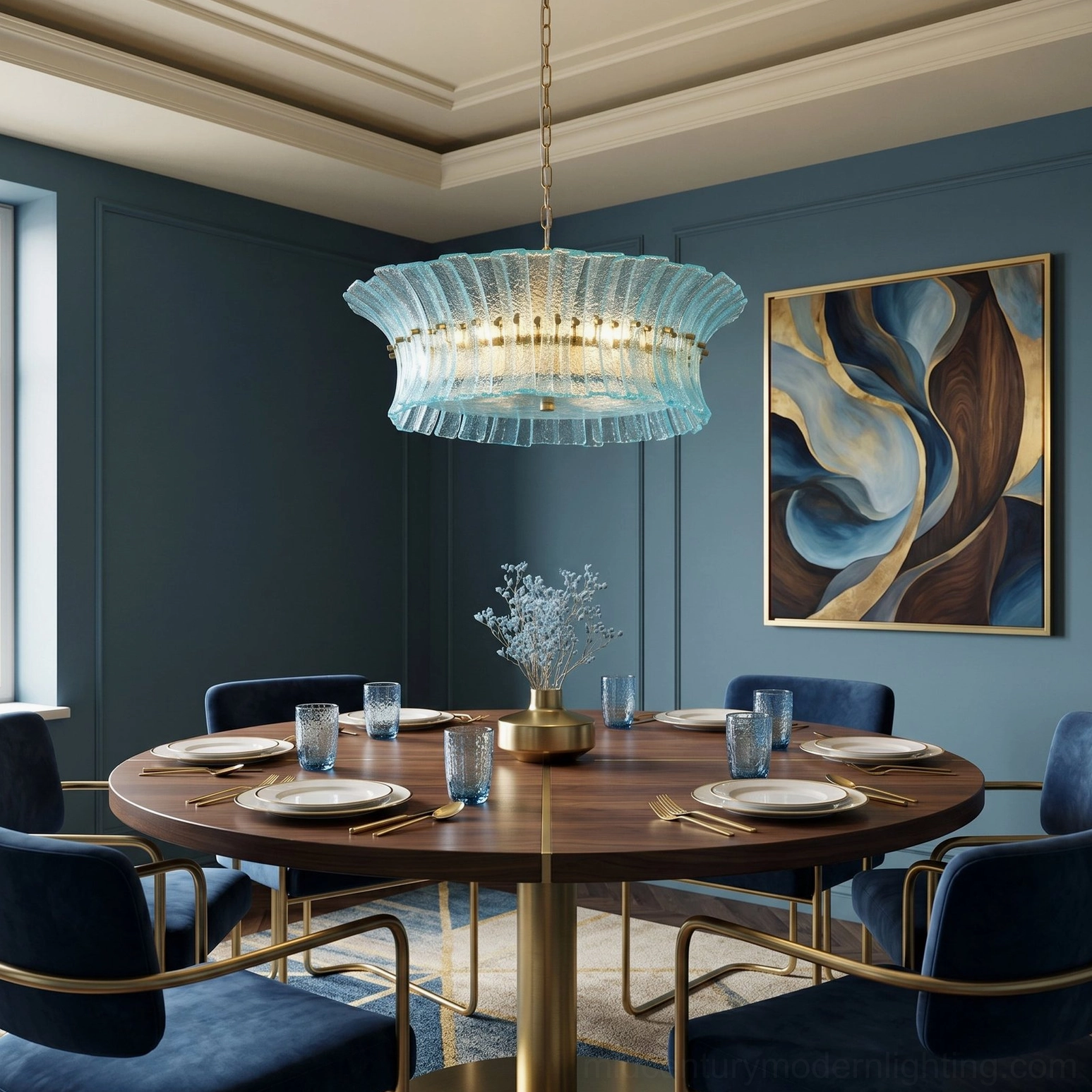 Marin Sky-Blue Glass Pendant Chandelier in formal dining space with gold metal fixture and dark blue wall accent