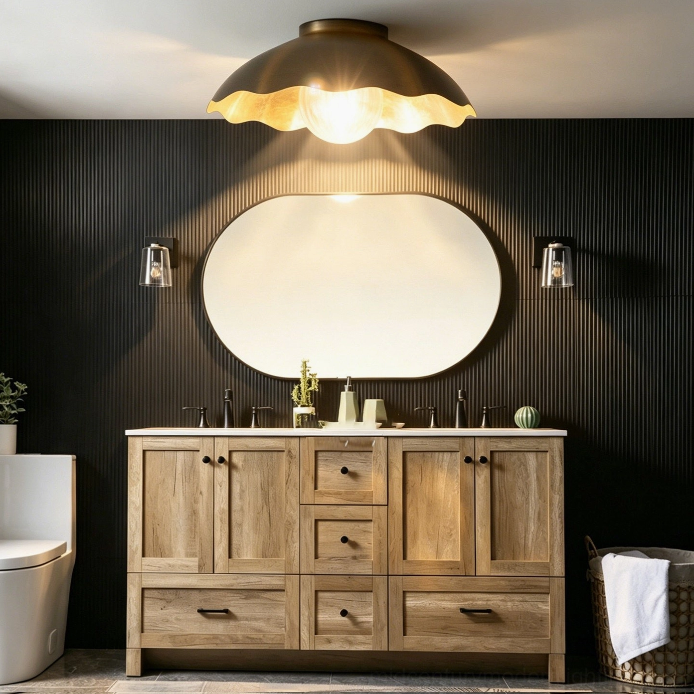 Scalloped flush mount light in farmhouse bathroom with dark accent wall - eye-level front view