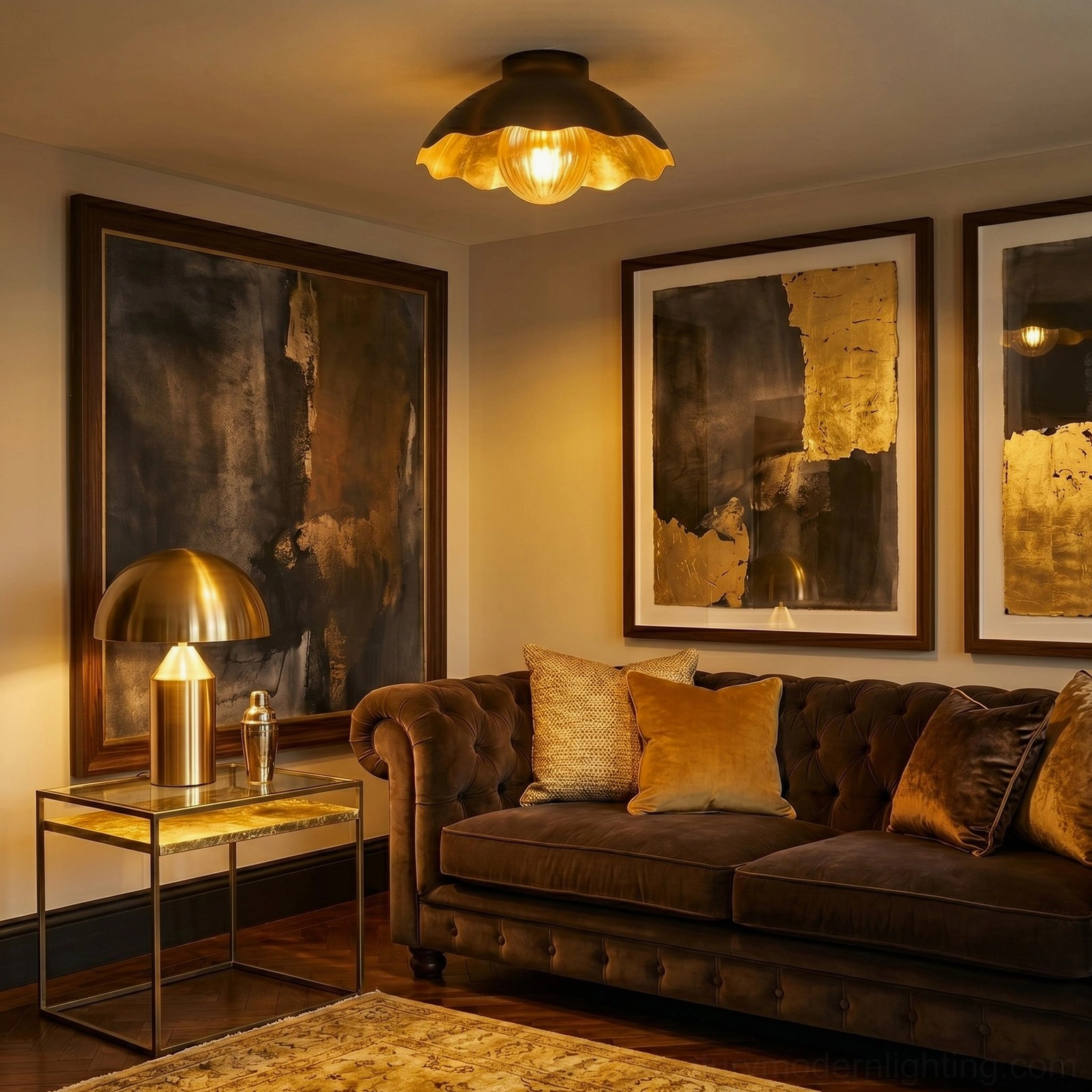 Scalloped dome ceiling fixture in traditional formal living room - eye-level side angle with tufted sofa
