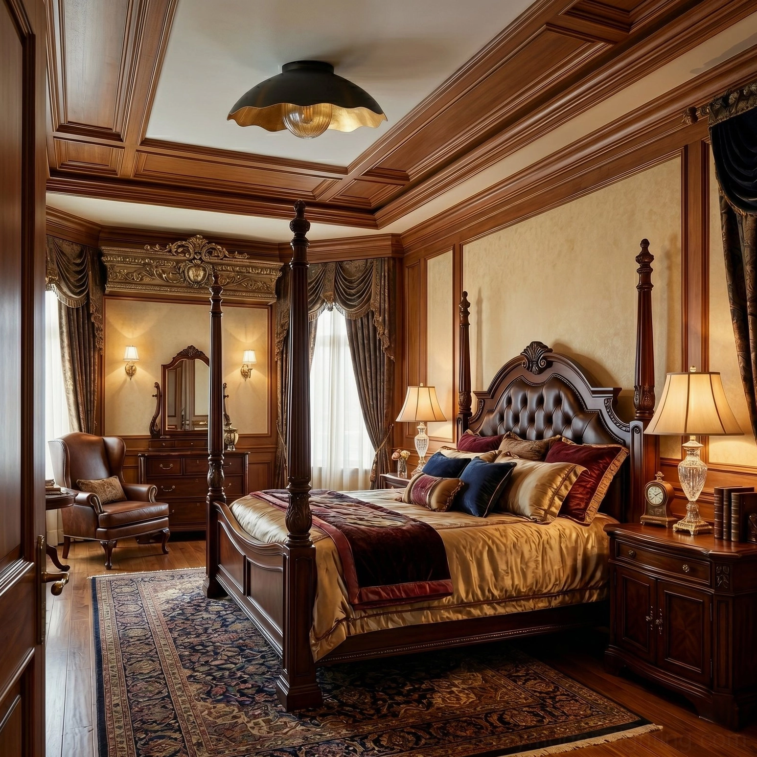 Scalloped ceiling light installed on wooden coffered ceiling in luxury bedroom - low overhead angle