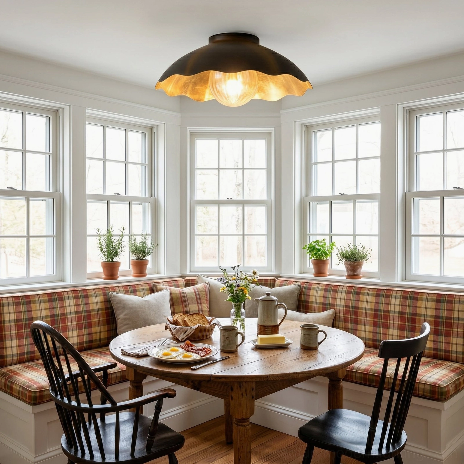 Scalloped ceiling fixture in bright breakfast dining nook - side angle showing warm gold inner trim detail