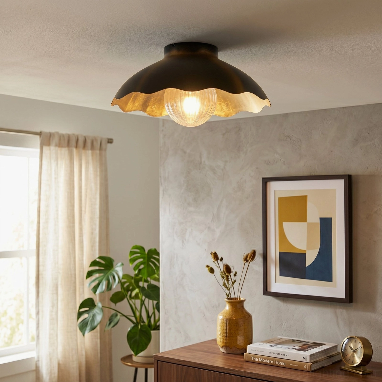 Scalloped dome ceiling fixture in formal sitting room - side low angle view of black and gold finish