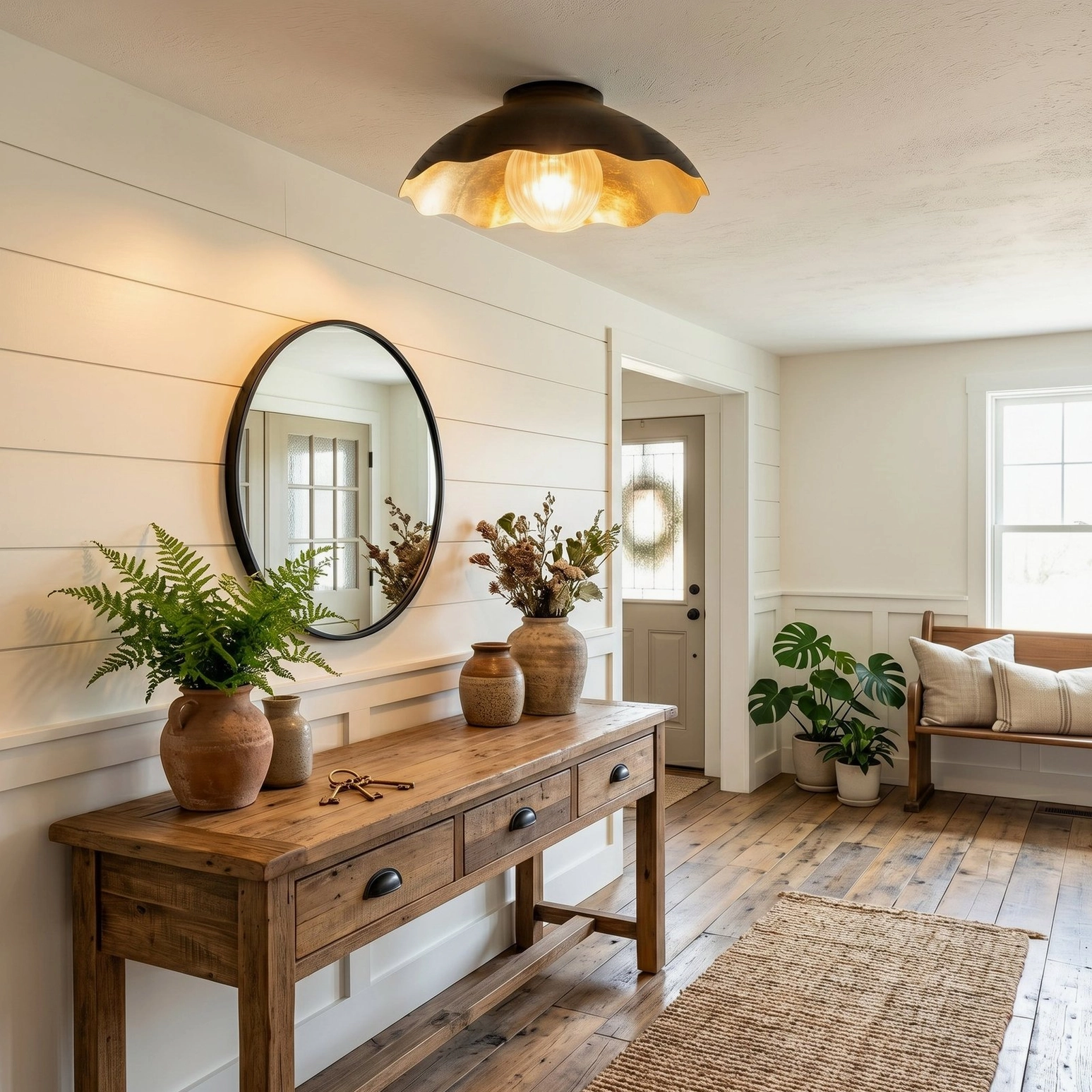 Scalloped flush mount light in residential entryway with shiplap walls - wide entry view angle