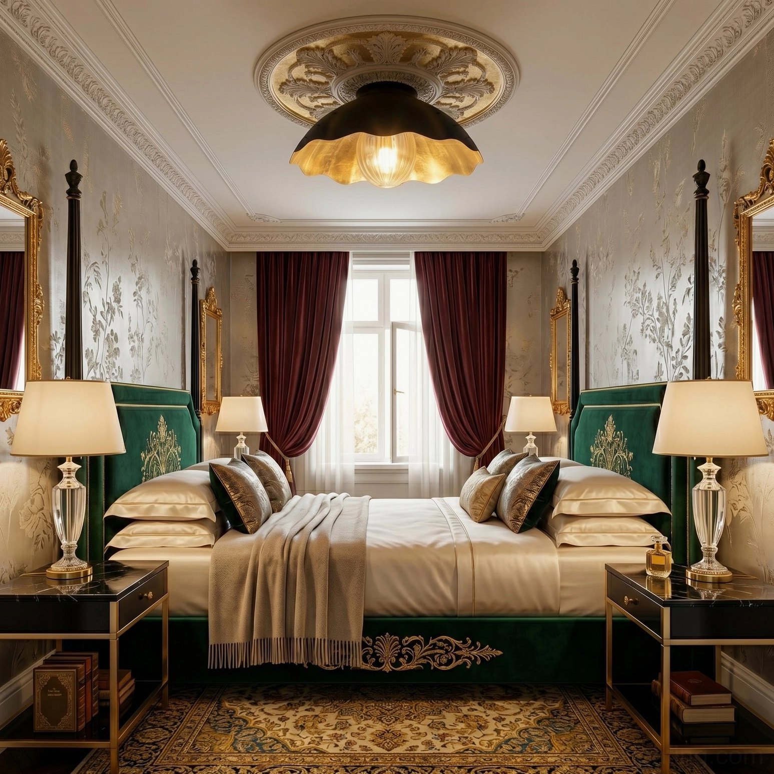 Scalloped ceiling light mounted on decorative medallion in luxury master bedroom - wide overhead view