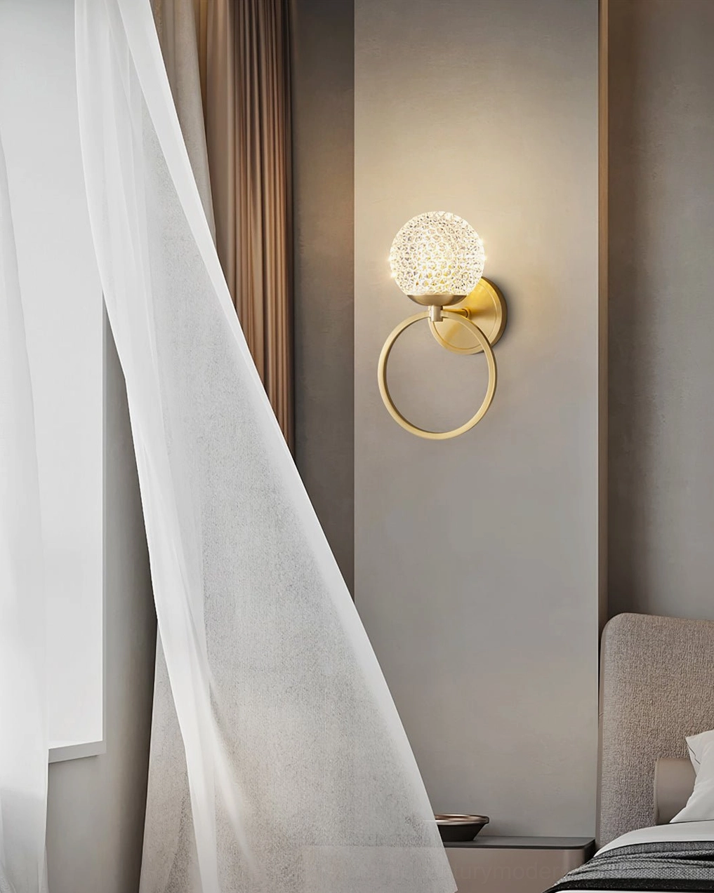Marni Wall Sconce in minimalist bedroom with sheer white curtain showing spherical glass shade and circular ring bracket