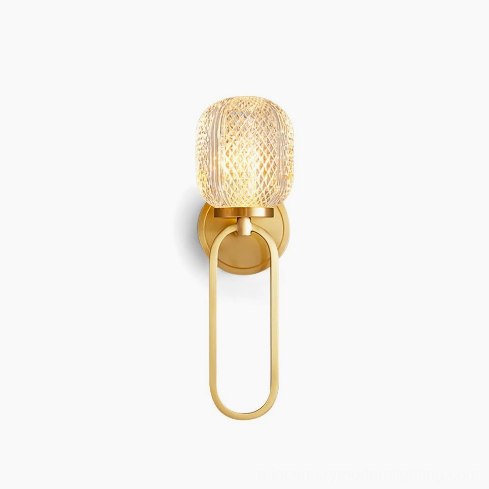 Marni Crystal Wall Sconce with brushed brass oval ring bracket and textured cylindrical glass shade - modern wall light fixture