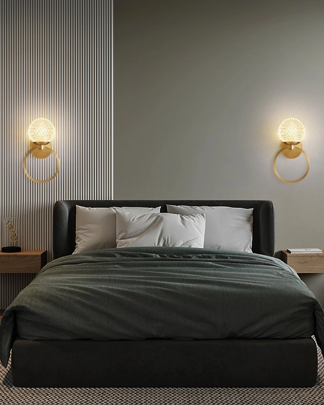 Marni Wall Sconce close-up showcasing precision-cut crystal glass refraction and warm glowing light from brass mounted fixture