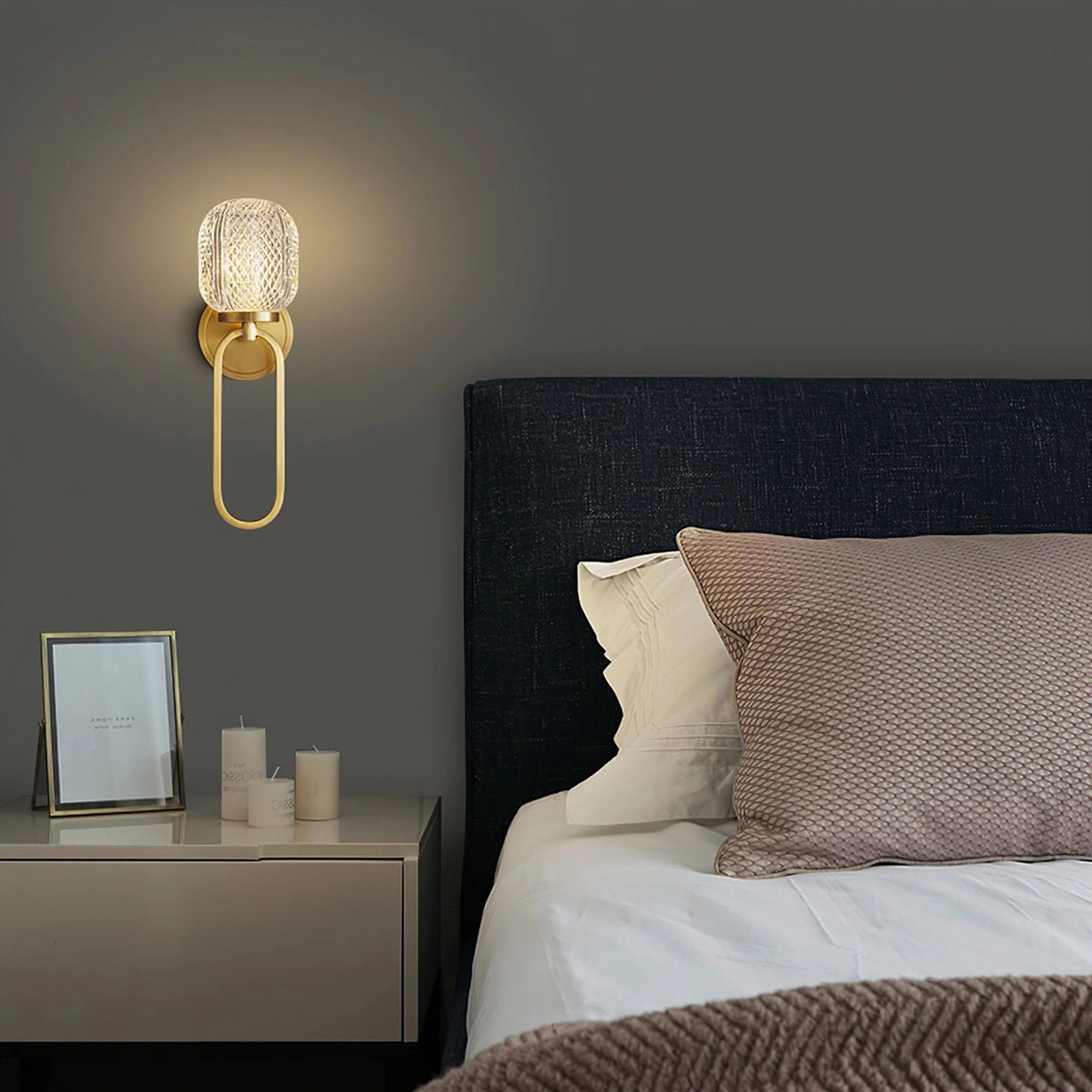 Marni Crystal Wall Sconce in dark gray master bedroom creating ambient luxury lighting - minimalist modern interior decor