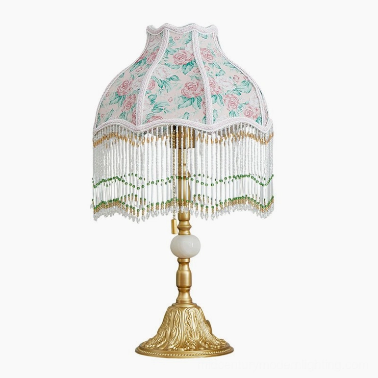 Masa pink and gold beaded floral table lamp full product shot with white studio background showing all design elements