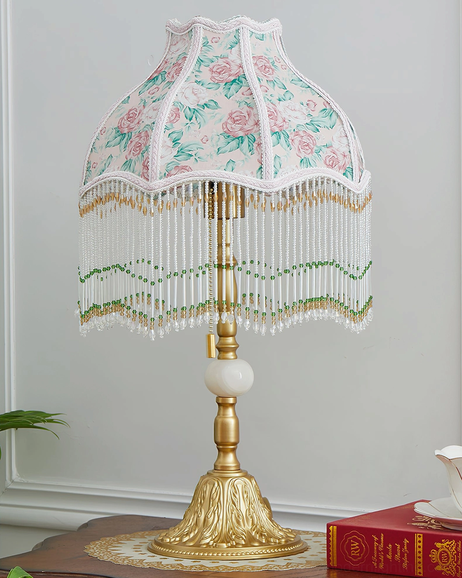 Masa large pink rose floral table lamp shade with clear beaded tassel and ornate hand-carved gold metal base