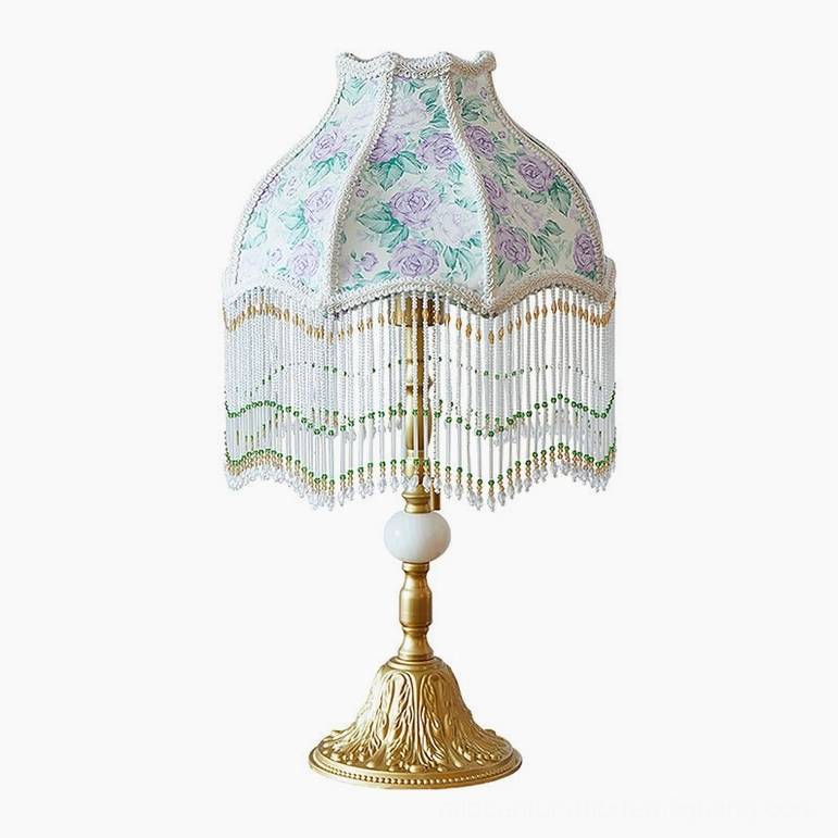 Masa purple and gold vintage beaded table lamp full view with ornate base and purple rose fabric shade with green fringe