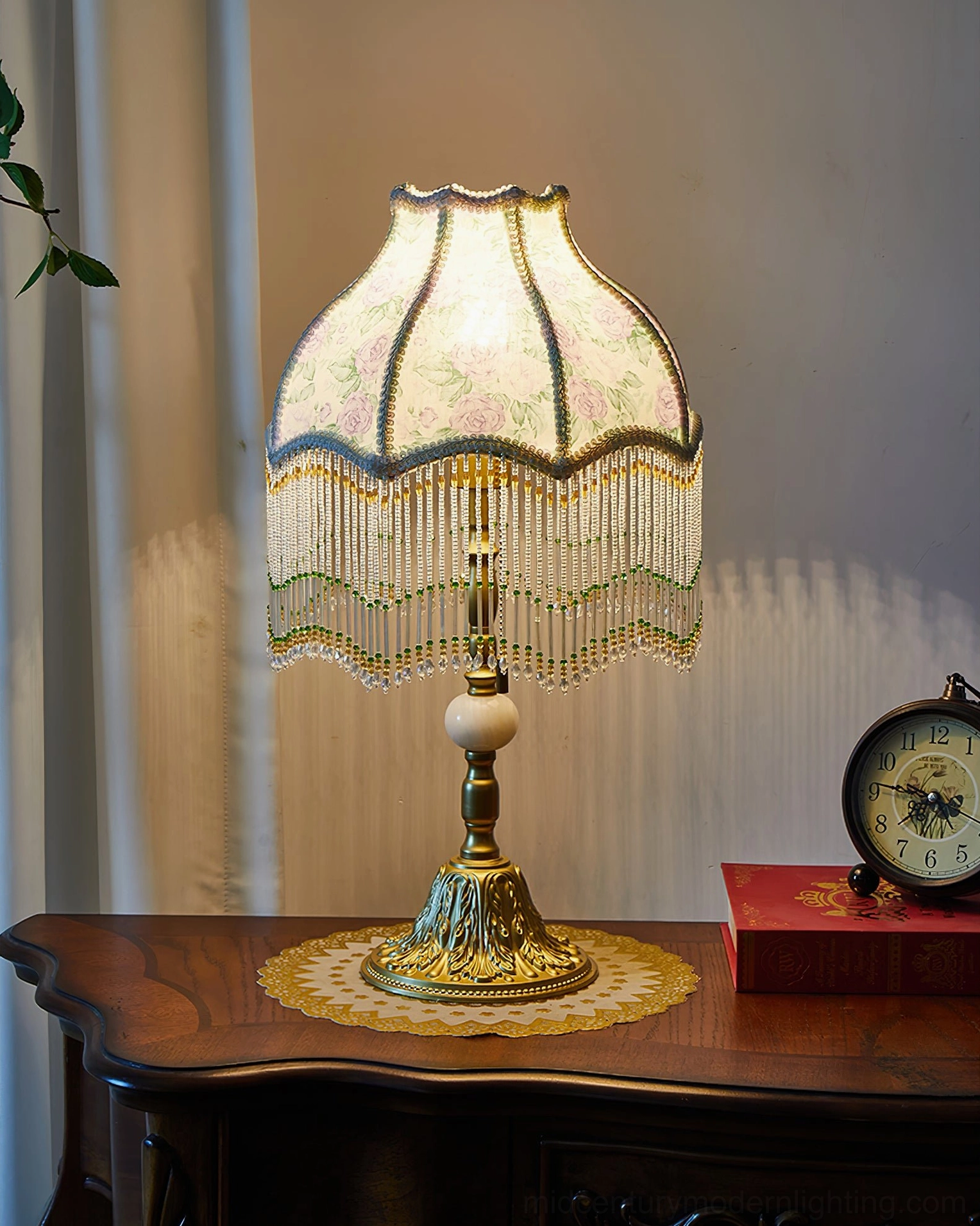 Masa beaded Tiffany style table lamp shade texture showing detailed fabric construction and decorative beading pattern