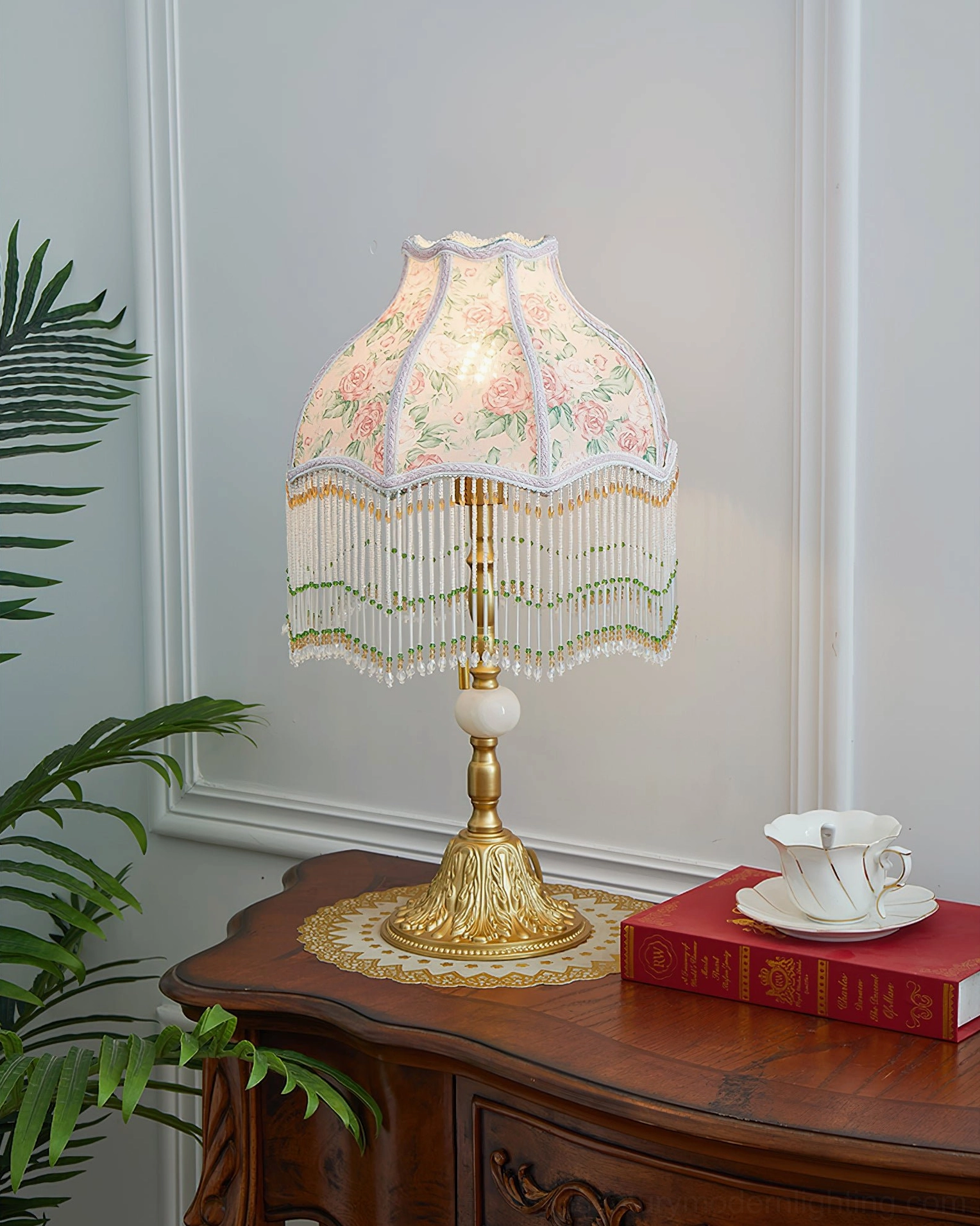 Masa vintage table lamp lit with white accent pole on corner side table next to potted plant Victorian style lighting