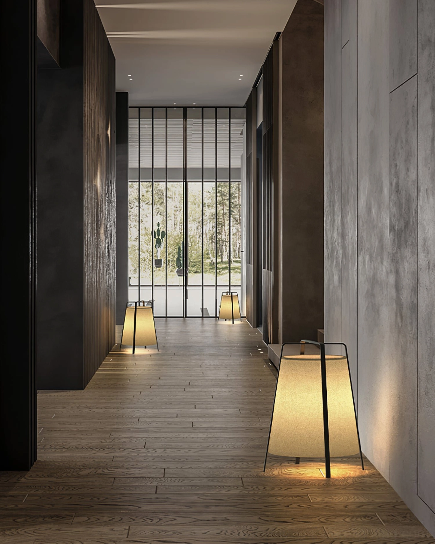 Pair of matching Akane table lamps in residential hallway with dark wood flooring, distant perspective view