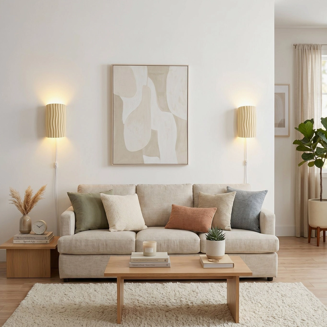 Twin beige pleated wall sconces in modern minimalist living room with neutral furnishings and clean lines