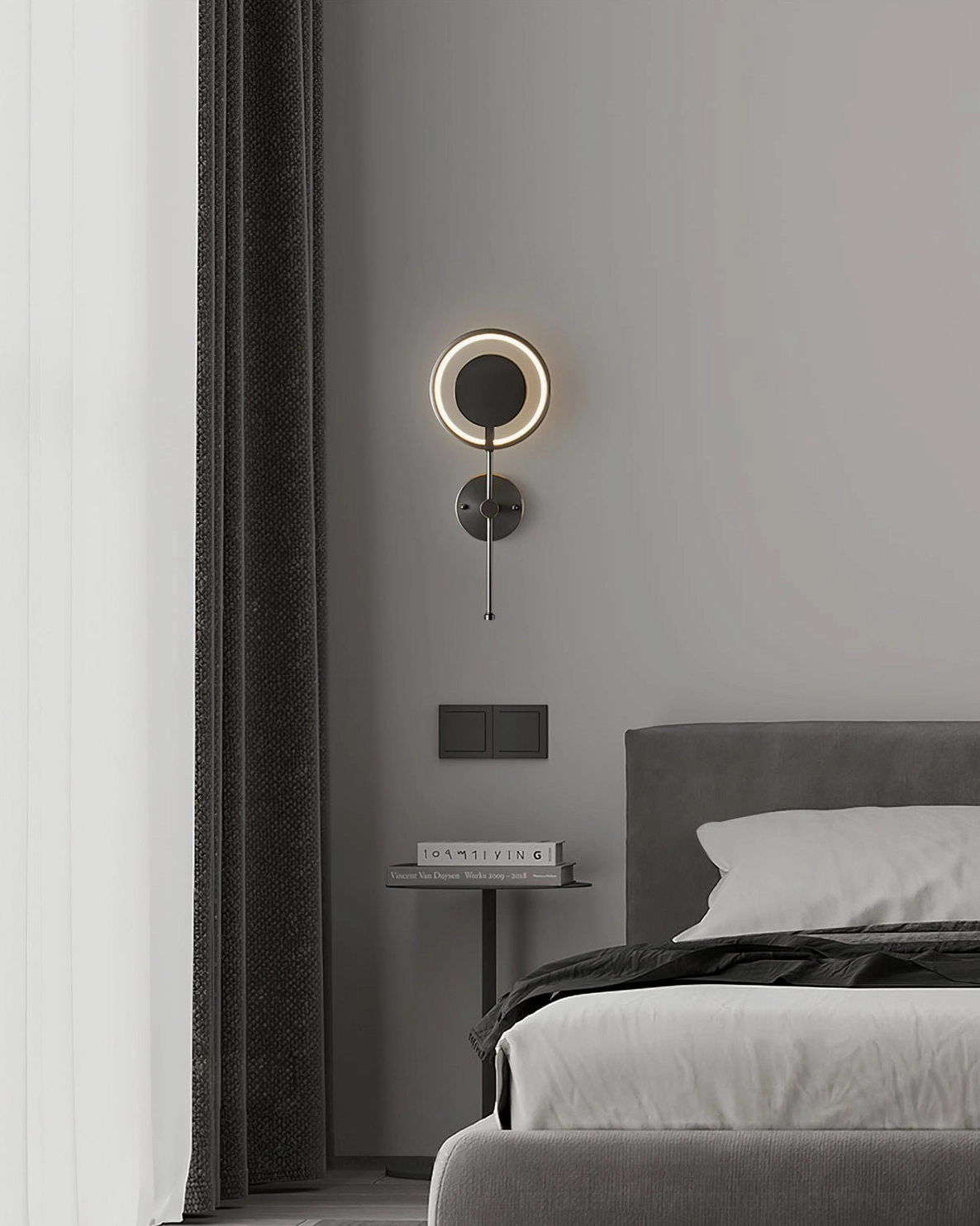 Sleek matte black ring LED wall lamp mounted on wall with dark curtains in modern bedroom setting