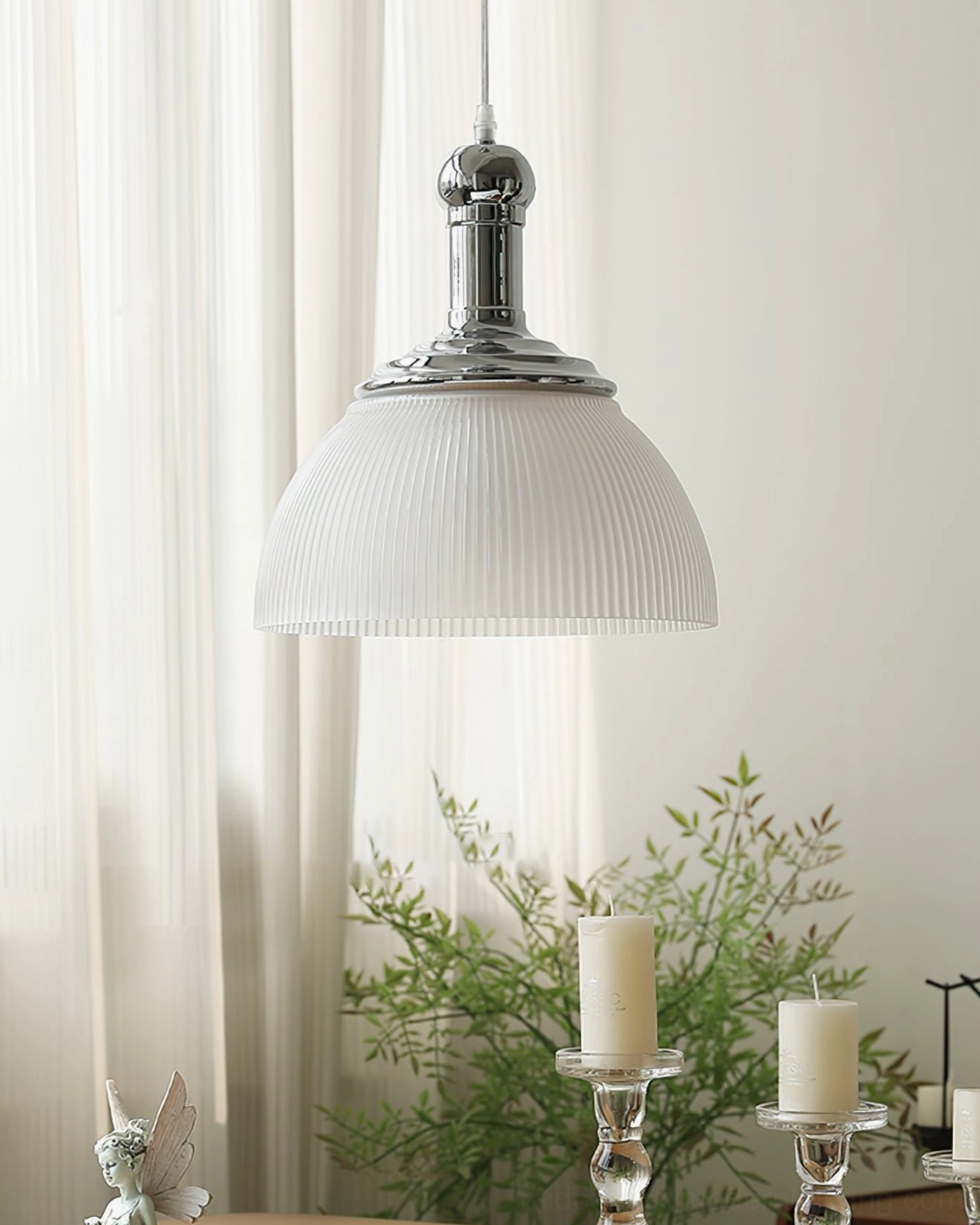 Opaque matte white ribbed pendant lamp close-up frontal view showcasing minimalist retro design aesthetic