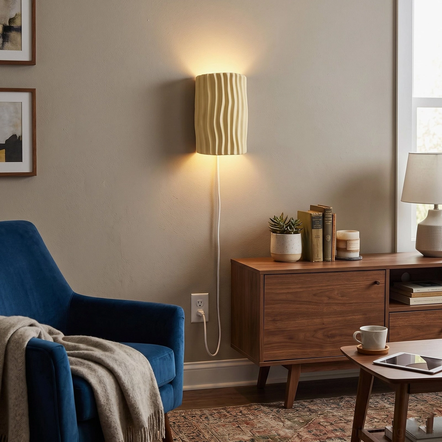Beige pleated resin sconce accent lighting mid-century modern living room corner with warm neutral walls and wooden furniture