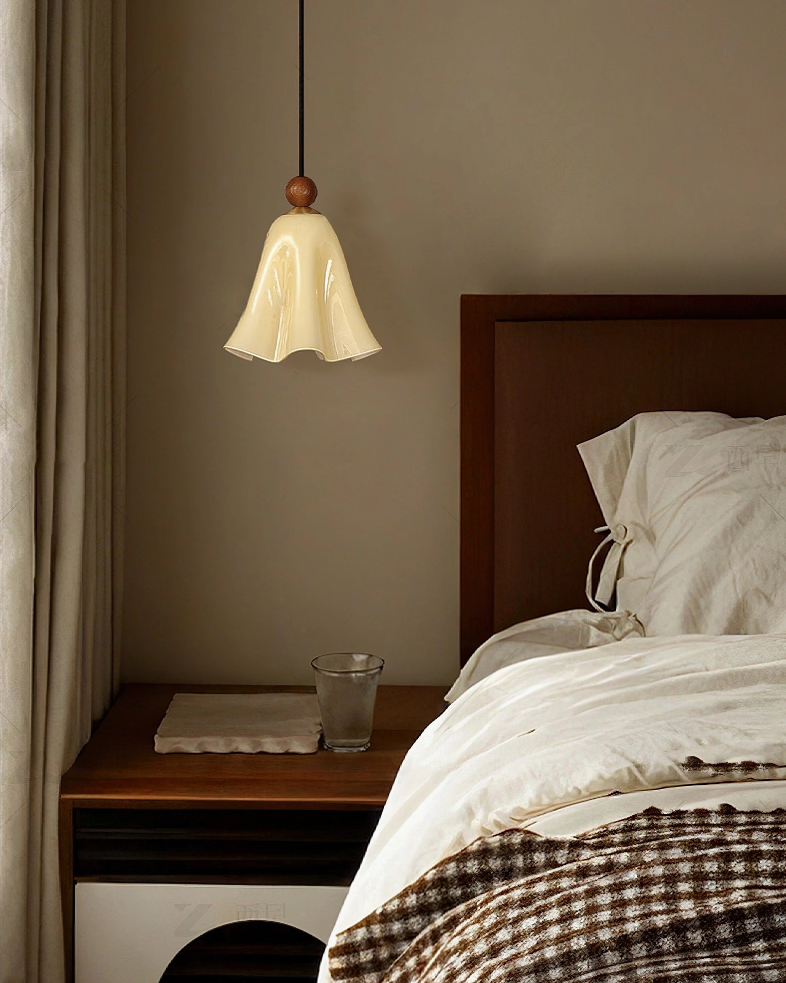 Cream white Meblo pendant light with soft warm glow in cozy vintage bedroom with wooden headboard