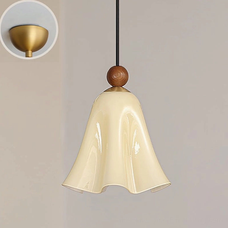 Cream color Meblo pendant light bottom-up view with brass ceiling canopy and wooden top accent