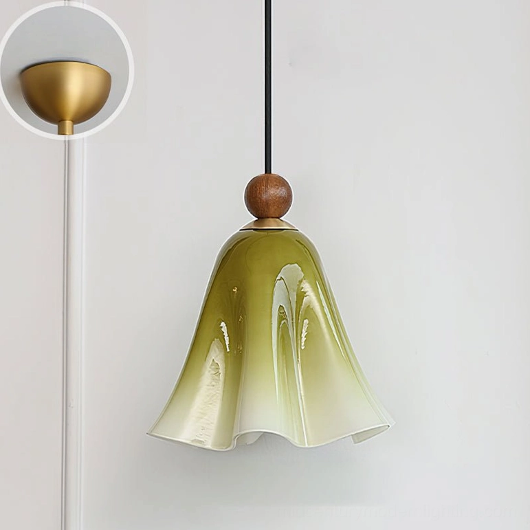 Meblo mid-century modern pendant light with green gradient glass shade ruffled design studio background