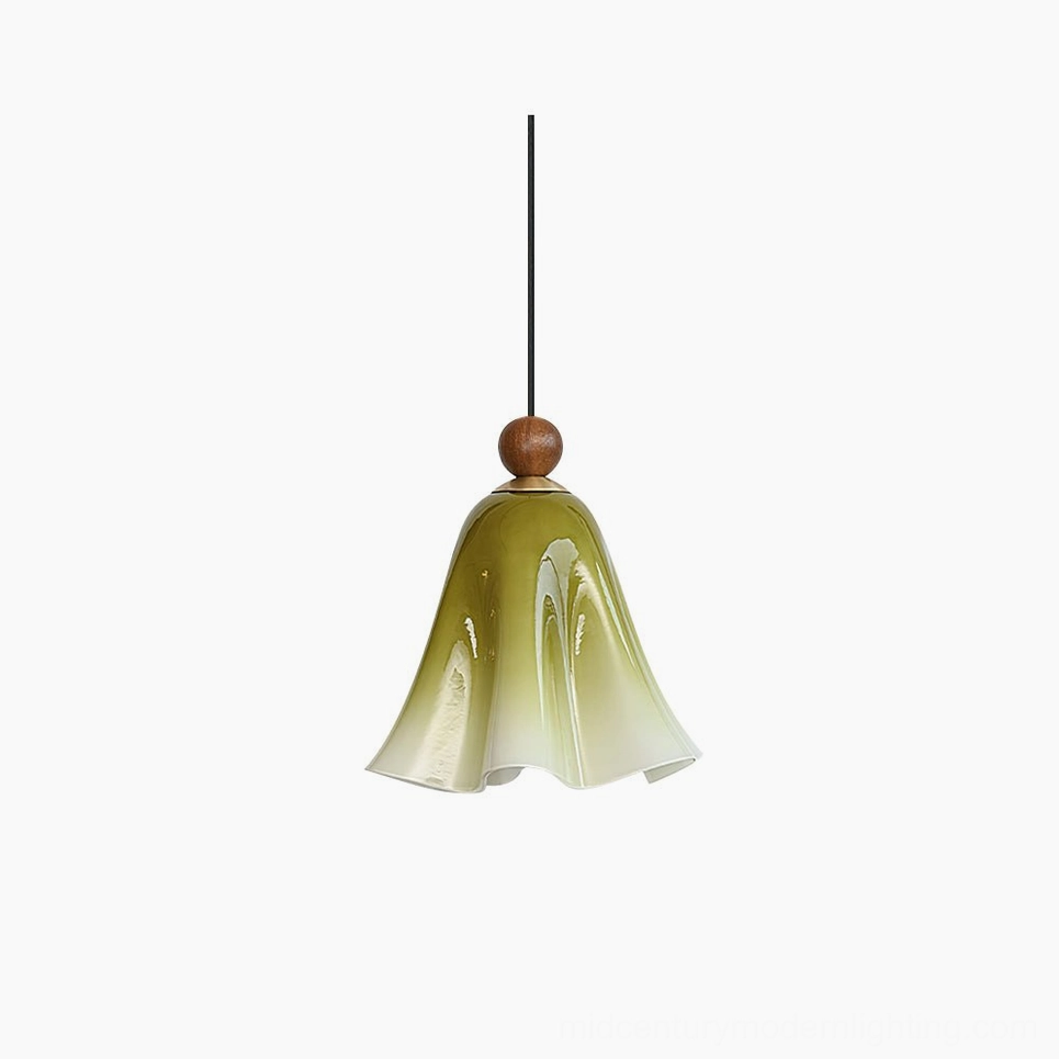 Meblo mid-century modern pendant light with green gradient ruffled glass shade and wooden accent, studio front view
