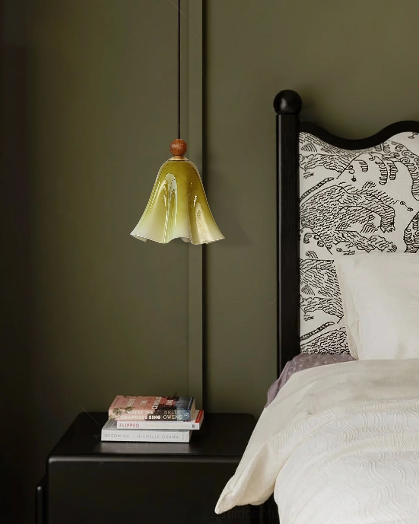 Meblo green gradient pendant light side view in vintage bedroom with dark green wall and retro nightstand styling