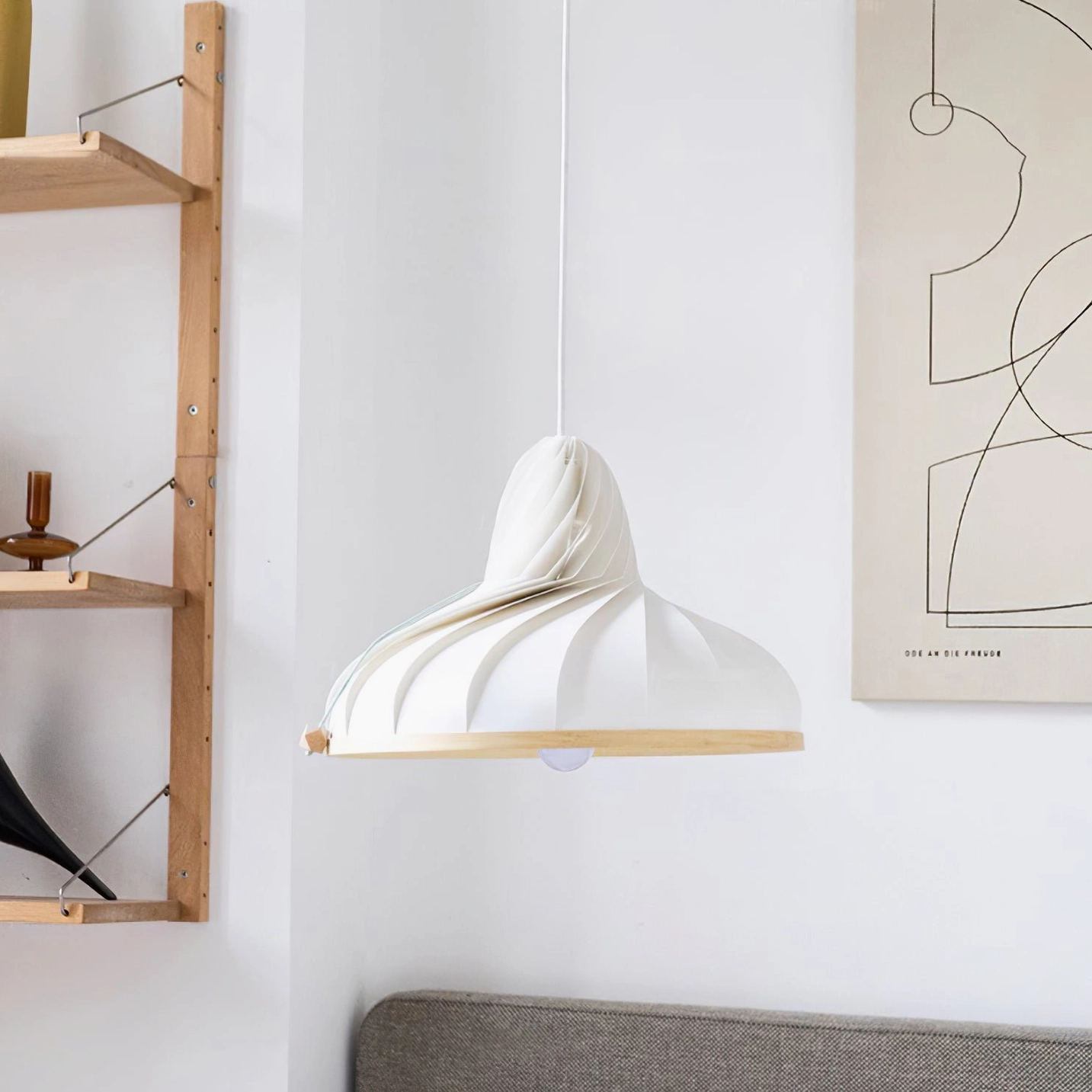 Meblo hanging pendant lamp in minimalist Scandinavian bedroom corner with shelf and artwork