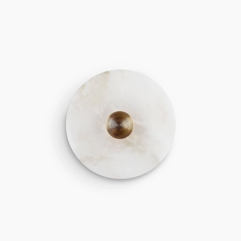 Round alabaster wall light product shot, multi-angle detail, metal hardware and stone integration