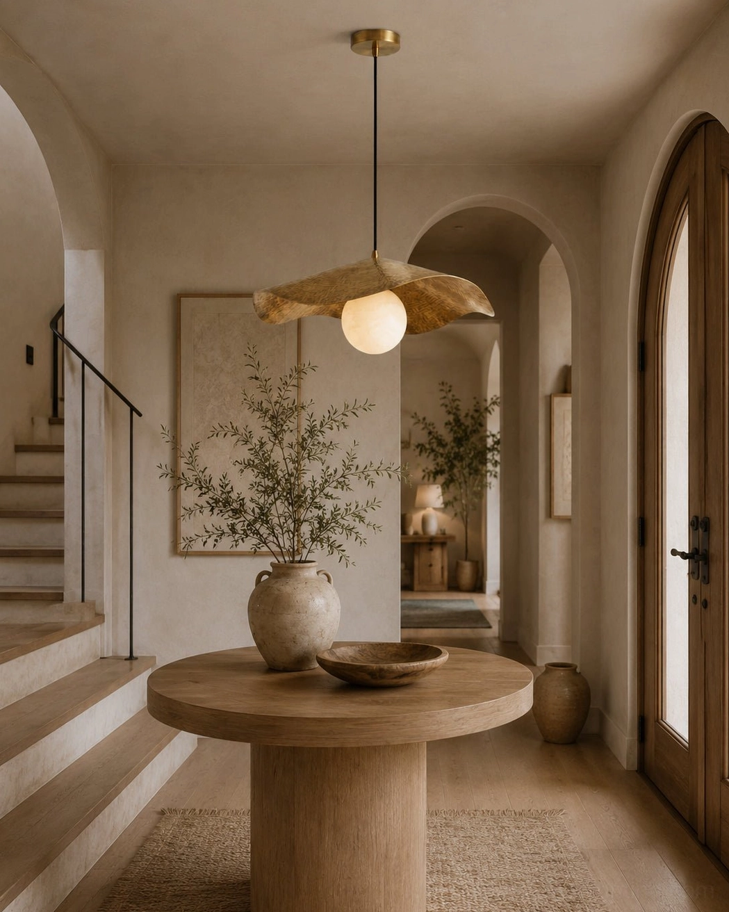 Hand-hammered brass pendant with alabaster stone globe in Mediterranean minimalist arched stairwell hallway space