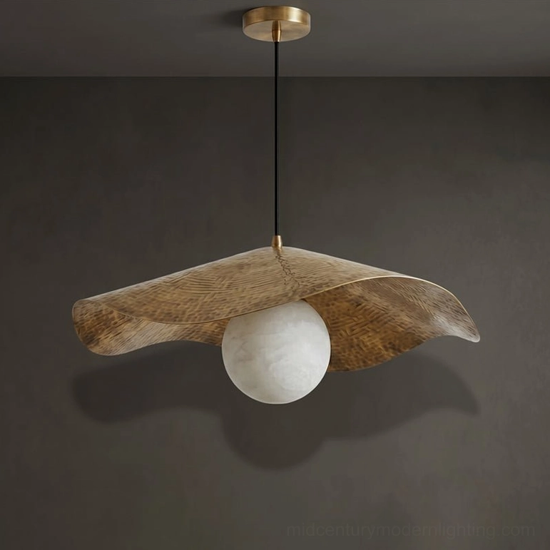 Sylvune medium 23.6-inch alabaster pendant lighting fixture, mid-century modern brass stone combination