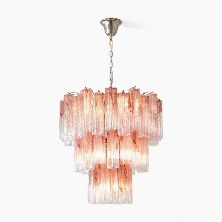 Medium-sized pink Murano tube chandelier with optimal proportions for standard dining and bedroom spaces