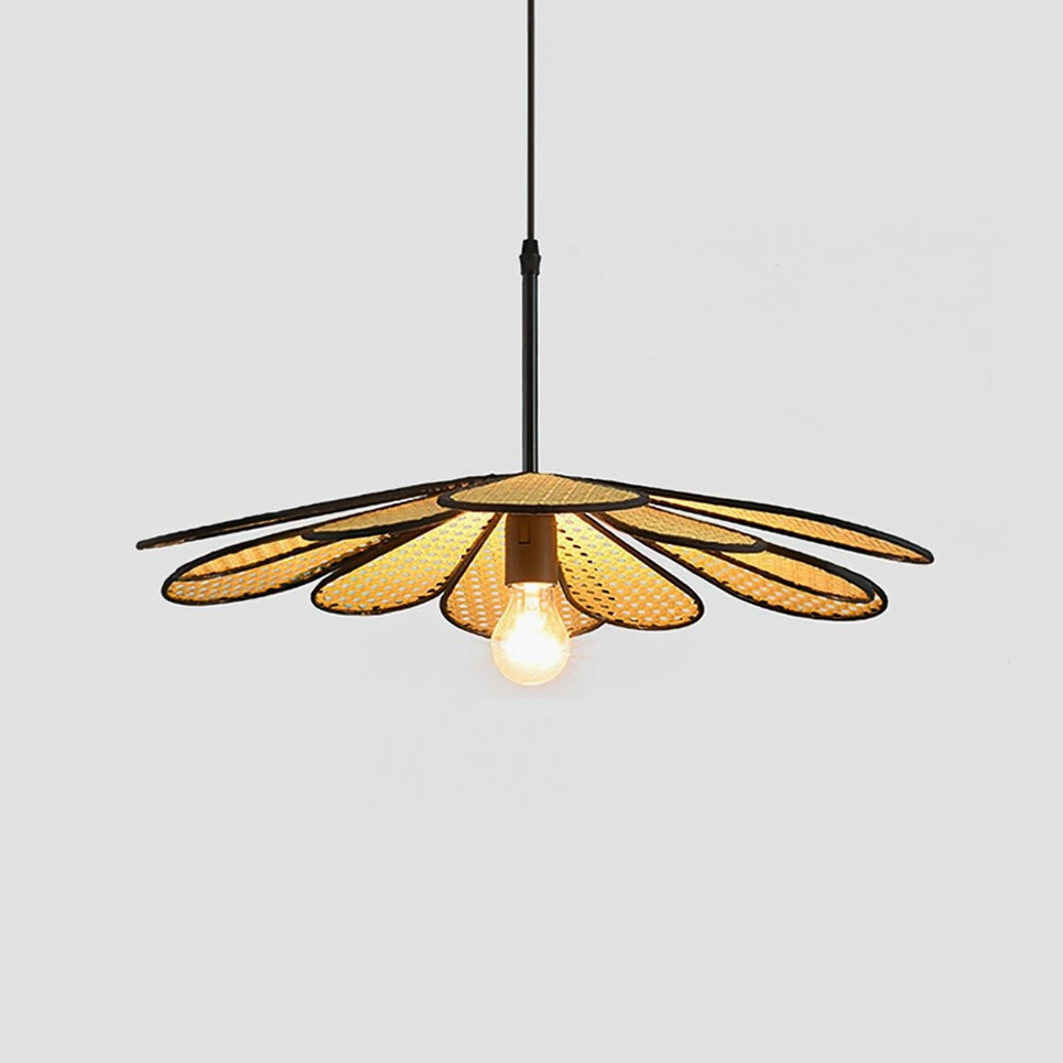 Medium 60cm diameter handwoven rattan flower pendant in natural finish with black metal accents