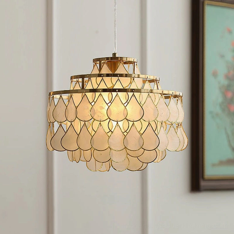 Medium tiered shell pendant lamp 40cm diameter, versatile sizing option for standard dining rooms and compact spaces